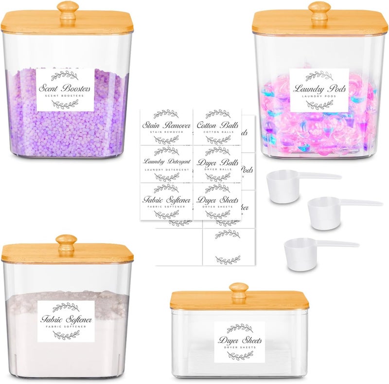 efluky 4 Pack Laundry Pods Container & Dryer Sheet Holder Set,Clear Laundry Room Organization Containers with Bamboo Lids and Labels,Laundry Pods Holder for Scent Booster,Powder,Pod - Image 1